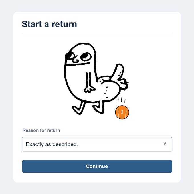 A web interface titled 'Start a return' features a meme illustration of a dog dropping an orange basketball, with the reason 'Exactly as described' selected.