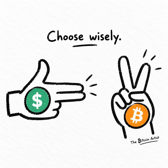 Hand-drawn illustration captioned "Choose wisely." showing a finger gun pointing at a dollar coin coin and a hand making a peace sign holding a Bitcoin coin, signed "The Bitcoin Artist."