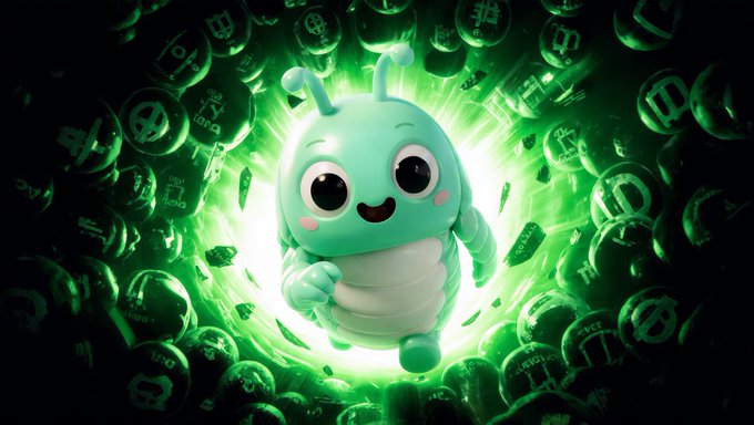 A 3D-rendered cartoon character resembling a teal bug or alien with antennae smiles cheerfully while floating in a bright green portal surrounded by glowing cryptocurrency coins.