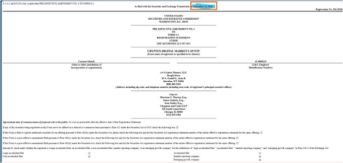 The image shows an SEC Form S-1/A filing for the "Cryptex Digital Market Cap ETF" under "SECURITIES AND EXCHANGE COMMISSION, WASHINGTON, D.C. 20549," filed on September 11, 2024, sponsored by Cryptex Funds, LLC, with U.S. Corp. Services, Inc. as agent for service, and Chapman and Cutler LLP as legal counsel. The filing lists XRP as an "Eligible Component" of the Trust with a 4.36% index weight, alongside other cryptocurrencies such as SOL, LINK, and AVAX, supporting the post's claim about XRP's inclusion in the ETF's basket.