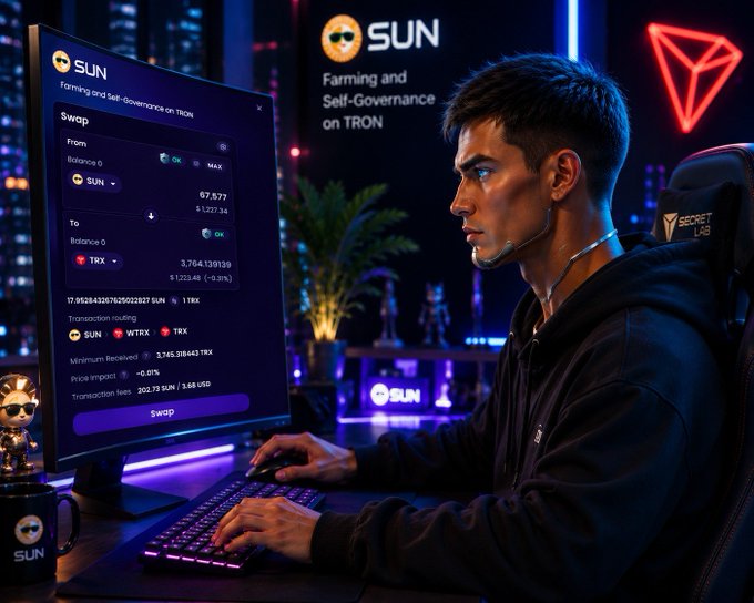 A man uses a computer displaying the SUN.io platform, showing a swap interface where SUN is being exchanged for TRX, with transaction details detailing fees and price impact. The visual emphasizes the platform's branded elements including "SUN" and "TRON."
