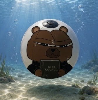 An underwater scene featuring a transparent ball/capsule containing an illustration of a brown bear holding a 'BEAR COUNCIL' book, resting on the ocean floor with bubbles and light rays.