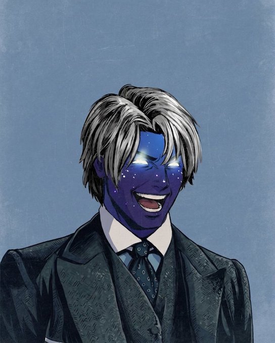 The image shows a joyful man with silver hair, wearing a dark suit and tie, whose face has been altered to have glowing blue eyes and a starry, cosmic-like blue pattern across it—suggesting a powerful or transformative moment. It visually embodies the post's excitement about a potential cryptocurrency snapshot, capturing the euphoric anticipation of someone on the verge of a major opportunity they don't want to miss.