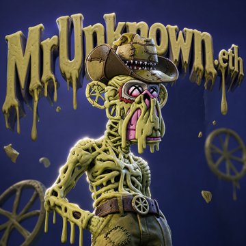 Stylized illustration featuring the text 'MrUnknown.eth' above a grotesque, skeletal cowboy-like figure with green skin, a wide-brimmed hat, and a gaping mouth, set against a dark purple background.