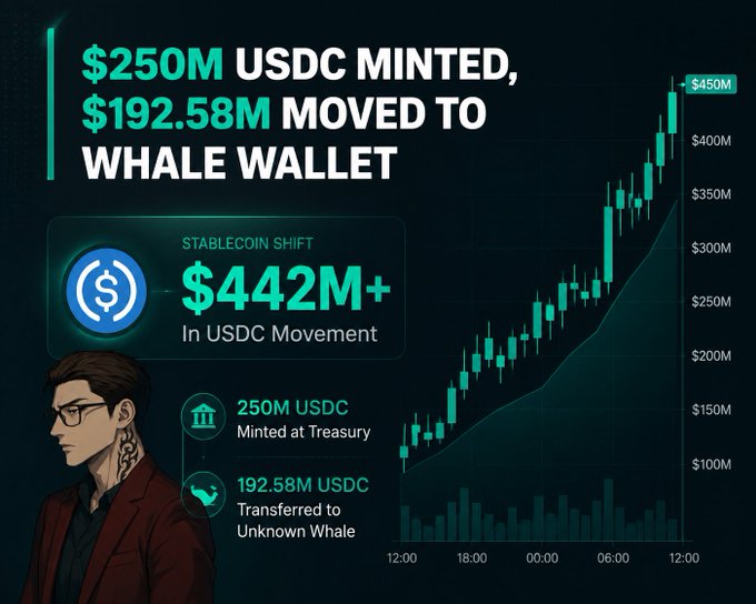 A cryptocurrency infographic titled '$250M USDC MINTED, $192.58M MOVED TO WHALE WALLET' shows a candlestick chart trending upward to $450M, with details including 'STABLECOIN SHIFT $442M+ In USDC Movement' and an illustrated character of a man with glasses and tattoos.