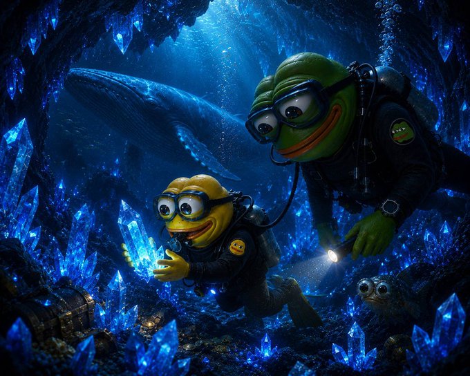 The image features two cartoon characters, a green frog and a yellow fish, swimming together in an underwater cave filled with blue crystals. The caption below the image reads "Pepe... We don't want to be bigger than you. We just hope that one day we’ll be standing next to you. With respect. With gratitude. With love."
