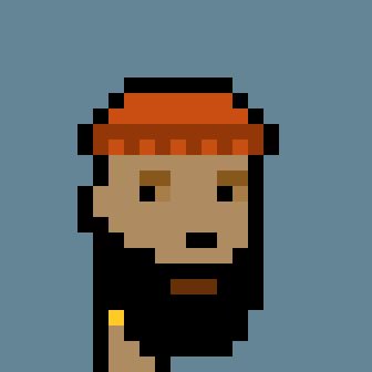 A pixel art character with orange hair, wearing dark clothing against a blue background.