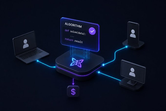 The image depicts a glowing purple-and-blue isometric scene where a central server displaying "ALGORITHM def solve(data): ... return result" connects via neon pathways to a laptop, smartphone, and monitor — each showing user icons — while funneling output downward to a dollar sign, visually representing how the Quip Network monetizes algorithms by making them callable digital services consumed across devices.