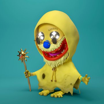 A 3D rendering of a grotesque, yellow-cloaked figure with star-shaped glasses, a wide toothy grin, and a blue clown nose, holding a spiked mace against a teal background.