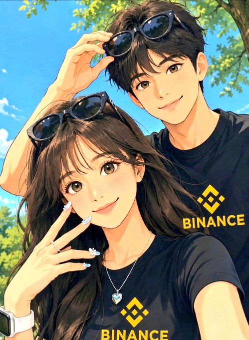 An anime-style illustration of a young couple wearing matching black shirts with the yellow Binance logo, with the man holding sunglasses and the woman making a peace sign.