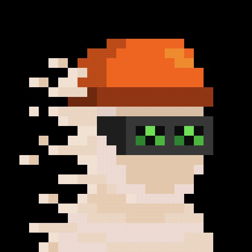 A pixel art illustration shows a figure with a red hat dissolving into flying pixels, wearing dark sunglasses with glowing green digital squares reflected in the lenses.