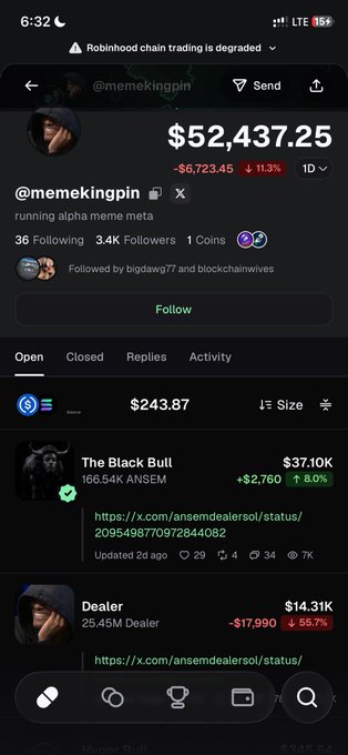 A screenshot of a crypto trading app showing a profile for '@memekingpin' with a portfolio value of $52,437.25 (down 11.3%), displaying open positions including 'The Black Bull' ($37.10K, +8.0%) and 'Dealer' ($14.31K, -55.7%).