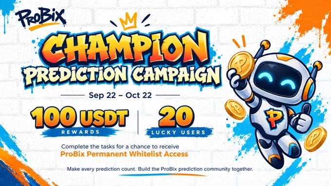 A promotional graphic for the **ProBix Champion Prediction Campaign** running Sep 22 – Oct 22, featuring a graffiti-style design with the ProBix robot mascot holding coins alongside bold text advertising **100 USDT** rewards split among **20** lucky users, matching the post's announcement of the prediction contest and whitelist giveaway.