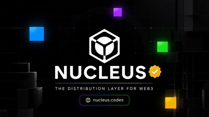 A promotional banner for NUCLEUS with the tagline 'THE DISTRIBUTION LAYER FOR WEB3' and the URL nucleus.codes, featuring a hexagonal logo and colorful square accents.