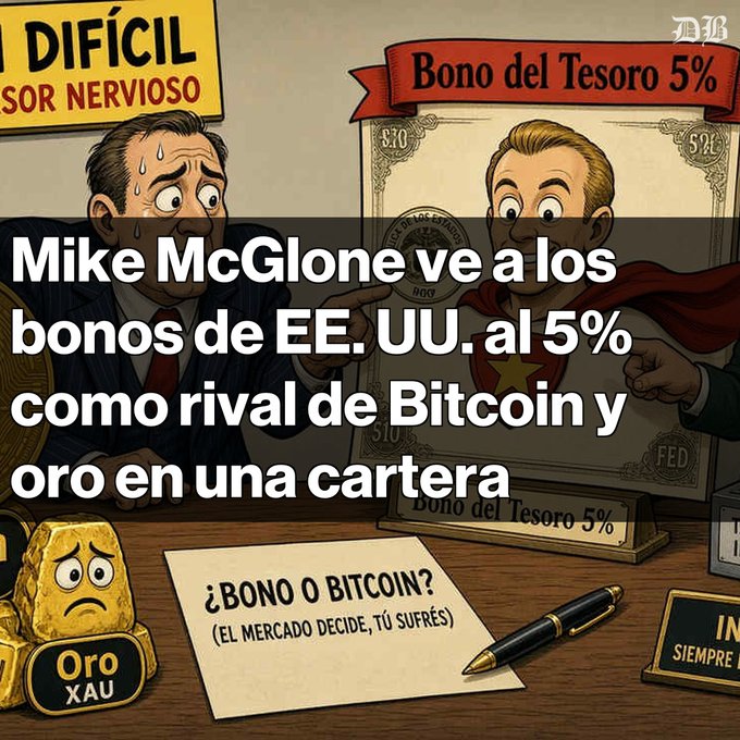An illustration showing a sweating man at a desk alongside a superhero figure labeled "Bono del Tesoro 5%", with overlaid Spanish text reading "Mike McGlone ve a los bonos de EE. UU. al 5% como rival de Bitcoin y oro en una cartera".