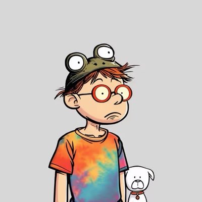An illustration of a bespectacled boy wearing a frog hat and tie-dye shirt standing next to a small white dog.
