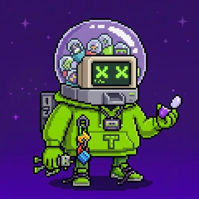 Pixel art illustration of a green-suited astronaut character with a CRT monitor for a head displaying 'X X' eyes, featuring a transparent helmet filled with small figures and accessories, holding a purple object against a starry purple background.