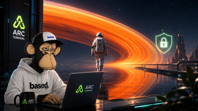 A promotional image featuring a cartoon monkey in "based." branded apparel working on a laptop branded with the ARC Terminal logo, set against a cosmic sci-fi backdrop with an astronaut and shield icon.