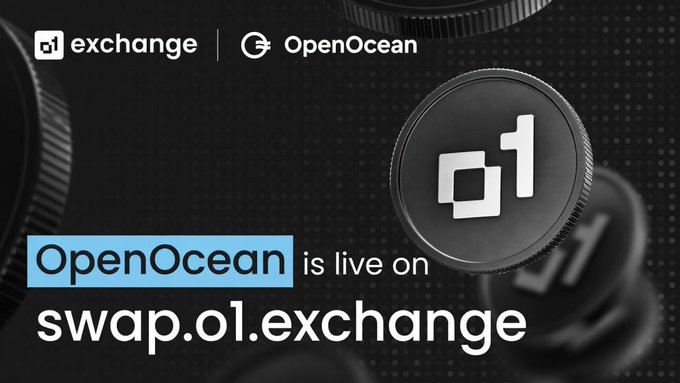 The image features a black background with a white logo for OpenOcean, which is a routing source on @o1_exchange. The text "OpenOcean is now a routing source on swap.o1.exchange" indicates that OpenOcean's aggregated liquidity across 40+ chains is part of the exchange equation to get users the best possible rate. This means that when users swap on swap.o1.exchange, they can expect better quotes and more sources for their transactions. The image also includes a small black coin in the center, which further emphasizes the focus on the OpenOcean routing source.