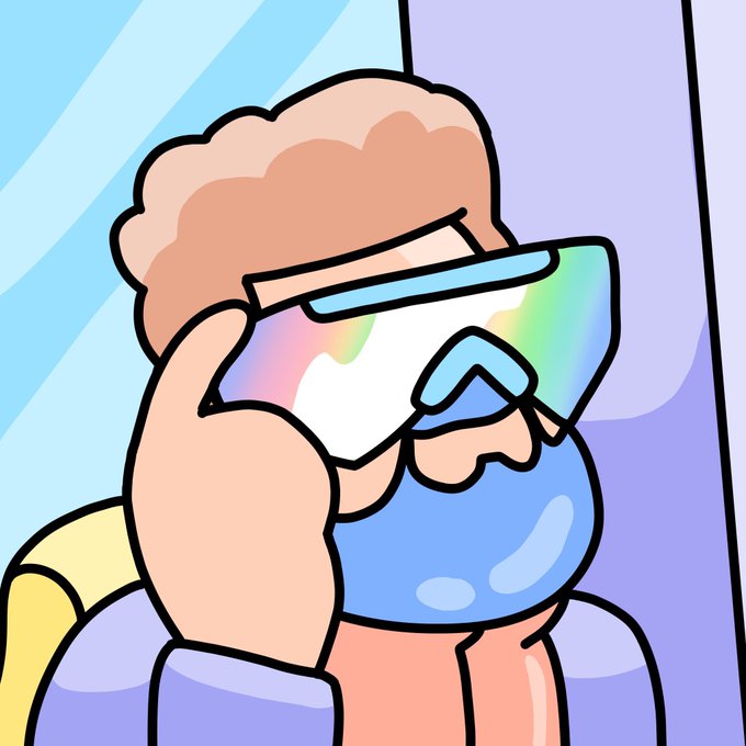 A cartoon character with curly hair wears large, iridescent reflective ski goggles and a blue jacket in front of a window.