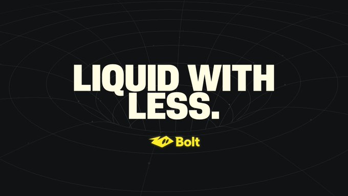 A minimalist advertisement with the text "LIQUID WITH LESS." in cream-colored font above the yellow "Bolt" logo, set against a dark background with subtle geometric lines.