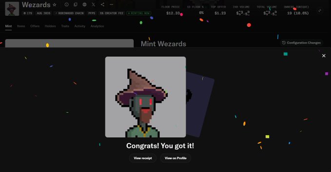 A screenshot of a webpage titled 'Mint Wezards' showing a pixel-art wizard character with a purple hat and a 'Congrats! You got it!' message, along with 'View receipt' and 'View on Profile' buttons.