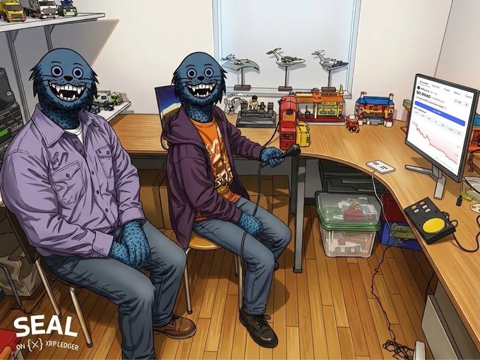 An illustrated scene of two blue, grinning fish-like creatures in casual clothing sitting at a desk in a room filled with shelves of models, toys, and a computer displaying financial charts, branded "SEAL on [X] XRP LEDGER" in the bottom left.