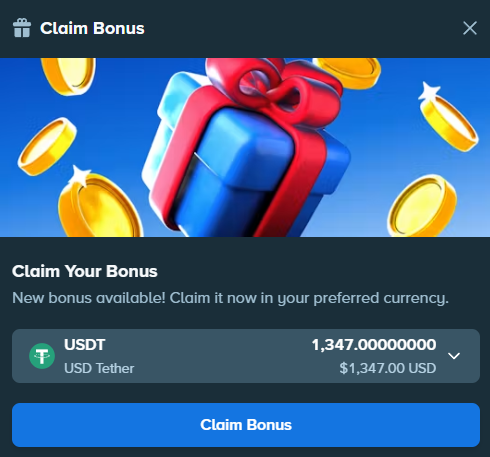 The image displays a "Claim Bonus" pop-up featuring a blue gift box with a red bow surrounded by gold coins, offering a USDT bonus of 1,347.00000000 ($1,347.00 USD). This appears to be a promotional graphic matching the post's claim of a bonus giveaway, though the image shows a single large bonus rather than the 25x $50 prizes mentioned in the tweet.