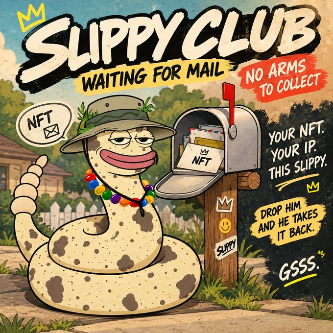 Colorful cartoon illustration titled 'SLIPPY CLUB WAITING FOR MAIL' featuring a snake-like creature with no arms wearing a hat and beaded necklace, standing next to a mailbox. Text reads 'NO ARMS TO COLLECT', 'YOUR NFT. YOUR IP. THIS SLIPPY.', and 'DROP HIM AND HE TAKES IT BACK.'