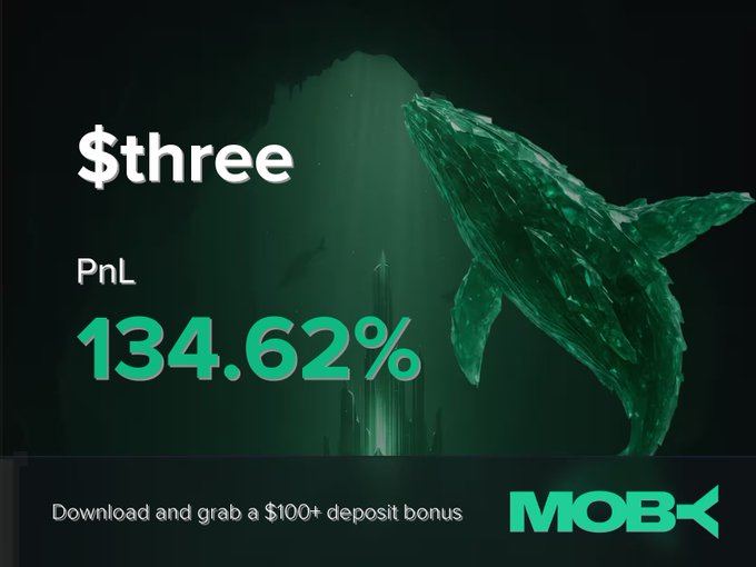 A dark green promotional graphic for a platform called MOBX, showing a low-poly whale silhouette and a glowing tower, advertising a "$three PnL 134.62%" and a "$100+ deposit bonus" for downloading the app.