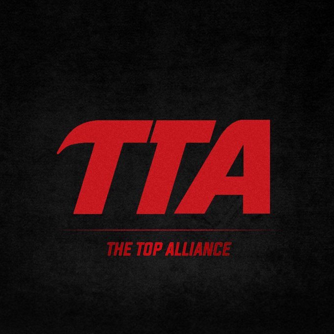 A logo design featuring bold red letters "TTA" with the tagline "THE TOP ALLIANCE" displayed below on a textured black background.