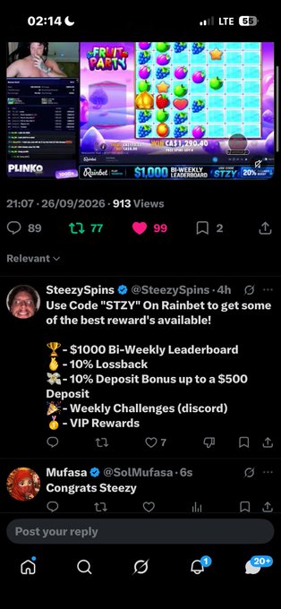 A Twitter/X video post by 'SteezySpins' (@SteezySpins) shows live gambling streams, featuring the game 'FRUIT PARTY' with a $1,000 weekly leaderboard. The pinned tweet promotes 'STZY' with a 10% Lossback and Deposit Bonus up to $500.
