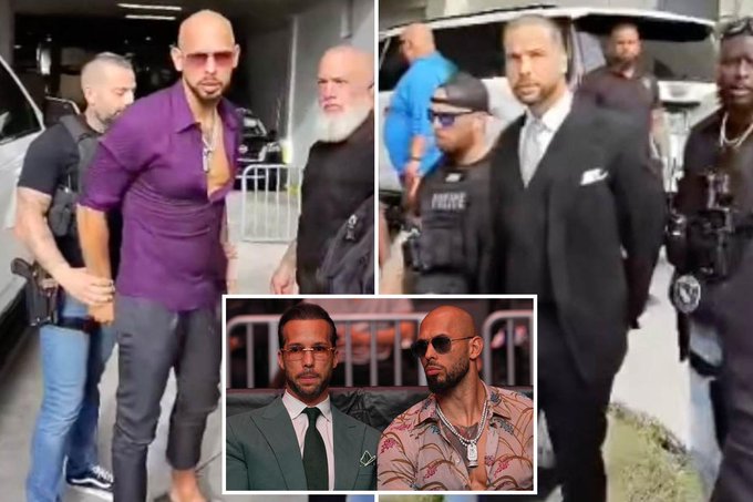A collage showing Andrew Tate and Tristan Tate (with one inset red carpet photo), surrounded by security/bodyguards.