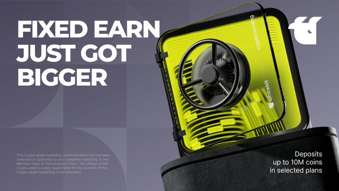 A promotional graphic for WhiteBIT's fixed crypto lending product features a 3D-rendered yellow and black vault-like device with the headline "FIXED EARN JUST GOT BIGGER." It highlights an increased deposit limit of "up to 10M coins in selected plans," visually reinforcing the post's announcement about expanded fixed-term plan capacity for select crypto assets.