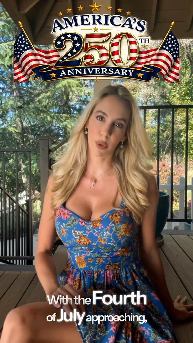 A blonde woman in a blue floral sundress sits on a wooden deck beneath a graphic reading "America's 250th Anniversary" with American flags, while text overlays state "With the Fourth of July approaching," tying into her post about a "Declaration of Financial Independence" promoting EdgeWallet for self-custody of bitcoin, ethereum, and crypto.
