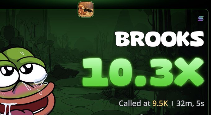 A video thumbnail or graphic featuring a cartoon frog and the text "BROOKS 10.3X" with "Called at 9.5K | 32m, 5s."