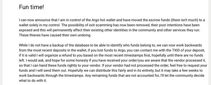 An announcement titled 'Fun time!' claiming control of an 'Argo hot wallet' and offering refunds to users who lost funds via the TXID of their deposit.