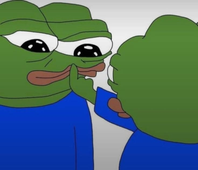 The crying sad Pepe the Frog meme, depicted with watery eyes and a tearful expression, embracing another version of himself in a blue shirt.
