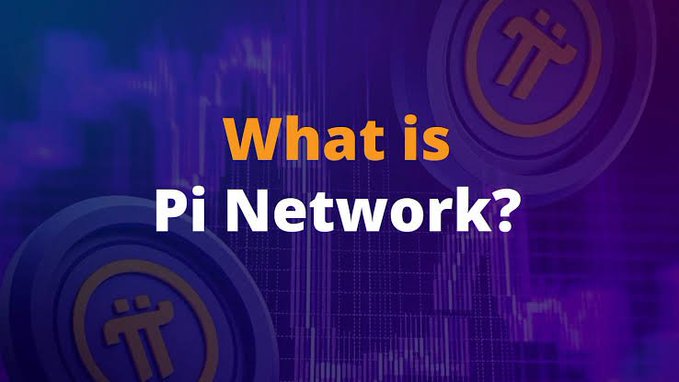 A purple graphic with 'What is Pi Network?' in orange and white text, accompanied by Pi Network coin logos and a city skyline background.