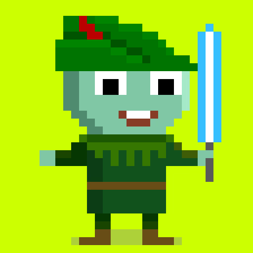 A pixel art character of a green-skinned zombie-like figure wearing a green hat and tunic, holding a blue and white sword, against a bright yellow-green background.