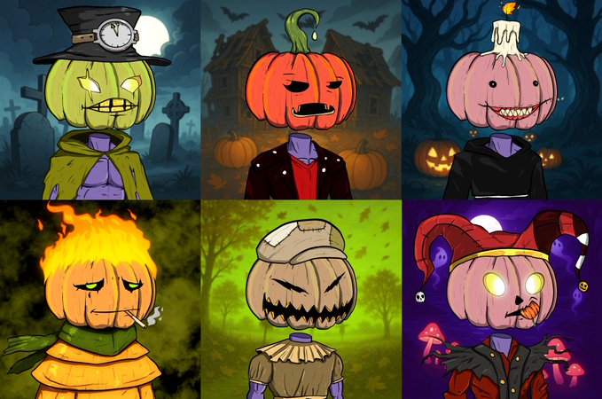 A grid of six illustrated pumpkin-headed characters in various Halloween-themed costumes, including a clock hat, haunted house background, glowing eyes, fire head with cigarette, scarecrow, and jester outfit.