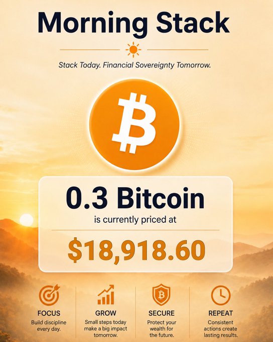 A 'Morning Stack' graphic shows 0.3 Bitcoin currently priced at $18,918.60 with slogans Focus, Grow, Secure, Repeat.