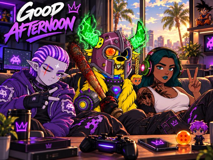 An anime-style digital illustration featuring three characters lounging on a couch with a "GOOD AFTERNOON" greeting, gaming controllers, and anime merchandise like Dragon Ball figures visible in the background.