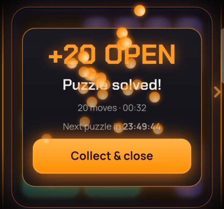 A dark game-style reward popup reads “+20 OPEN,” “Puzzle solved!,” “20 moves · 00:32,” and “Next puzzle in 23:49:44,” above a large orange “Collect & close” button.