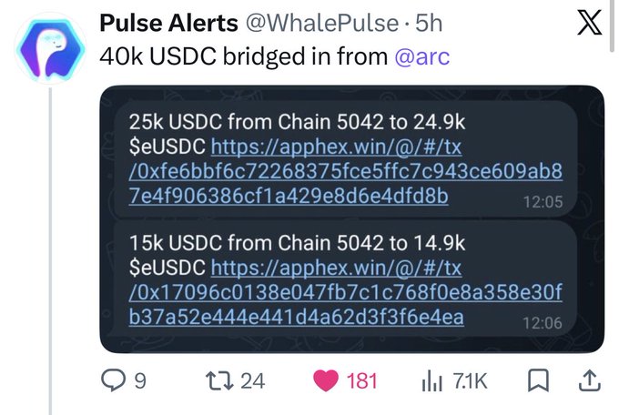 A screenshot of a tweet from Pulse Alerts (@WhalePulse) reporting '40k USDC bridged in from @arc' with transaction details for 25k and 15k USDC transfers.