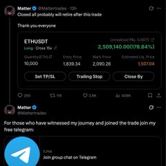 The image shows a fake trading performance screenshot of @Mattertrades featuring "ETHUSD Long" with an unrealized 2,509,140,000% gain and $5,140,140,140,077.84 balance on a Bybit demo account, with another person highlighting that "Matter is a scammer" and pointing to his Telegram group chat. The image relates to the post by illustrating a comically unrealistic demo trading "profit" designed to lure followers, reinforcing the caption's warning that such impossible demo results are a scam tactic and that anyone falling for it shouldn't be trading.