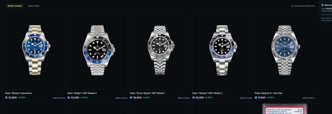 A screenshot of a luxury watch e-commerce website displaying a row of Rolex watches including the Submariner, GMT-Master II, Sky-Dweller, and Datejust models with prices in WON.