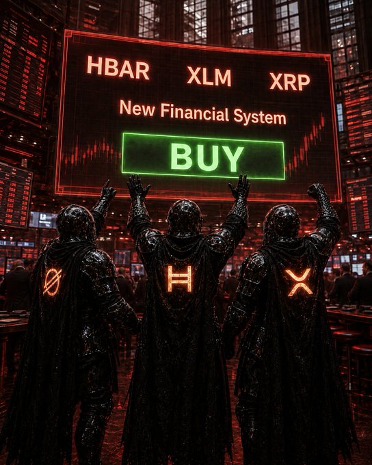 Three dark-armored figures stand with fists raised before a glowing trading screen displaying "HBAR XLM XRP" and "New Financial System" above a prominent green "BUY" button, visually echoing the post's excitement about accumulating these three crypto assets at current prices as digital finance expands.
