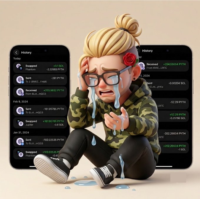 A cartoon illustration of a blonde character with glasses crying intensely while surrounded by two smartphones displaying crypto transaction histories showing PYTH and SOL swaps, sends, and receives.