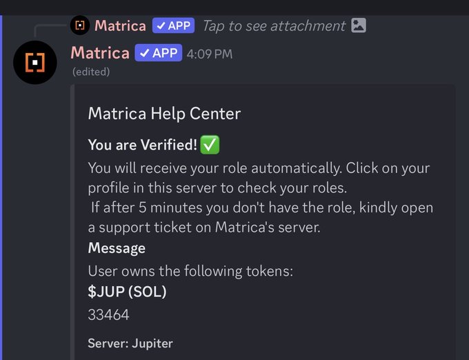 Discord message from Matrica Help Center confirming a user is verified for the Jupiter server, showing they own 33,464 $JUP (SOL) tokens.